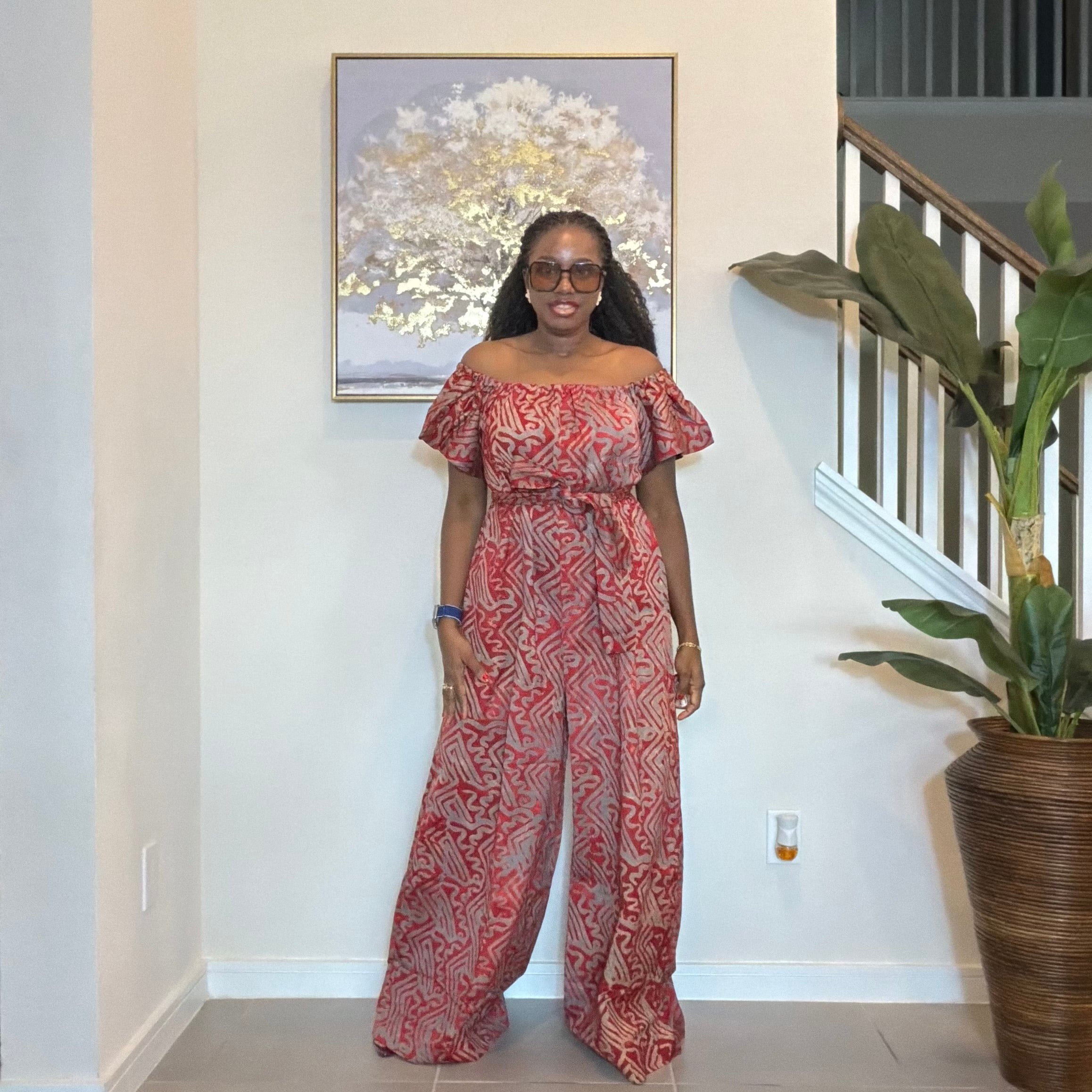 Adire Printed Wide-Leg Jumpsuit Convertible Off-Shoulder with Detachable Belt