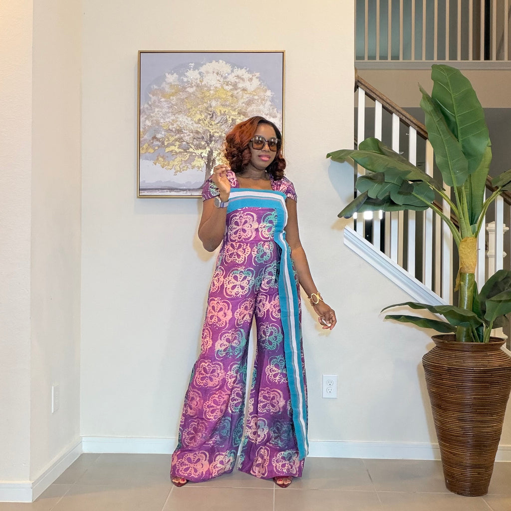 Adire Floral Wide-Leg Jumpsuit with Aso Oke Detail
