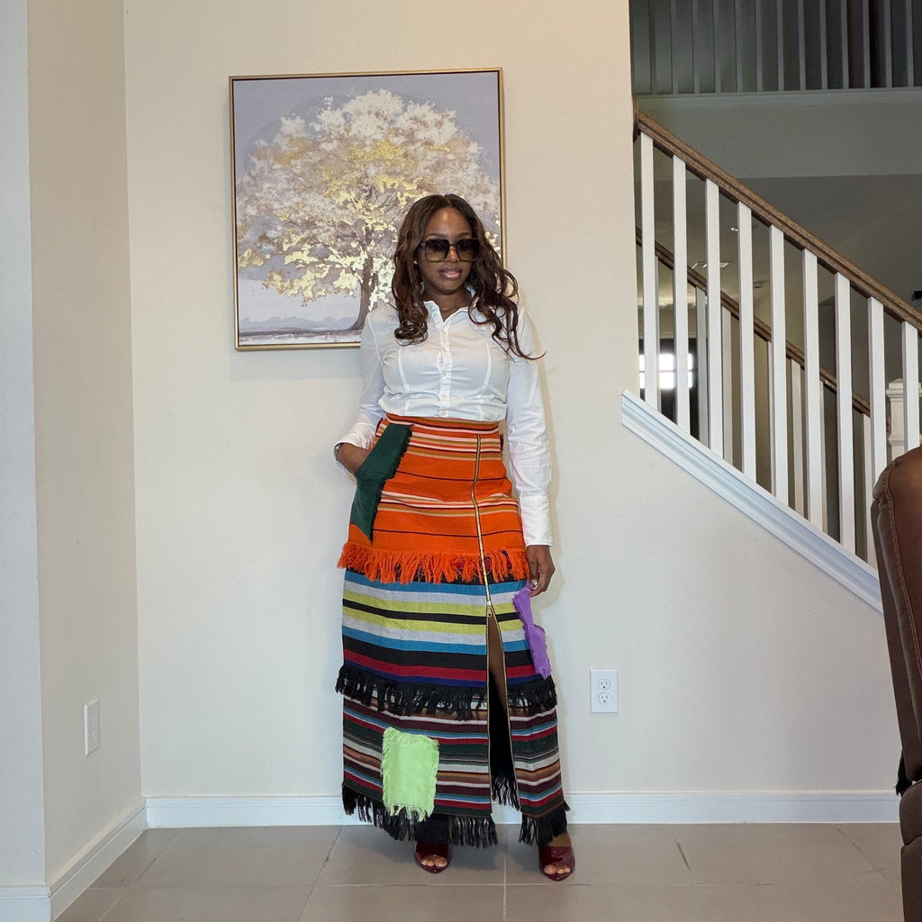 Colorful African Aso Oke Fringe Skirt, Handmade Aso Oke Patchwork Skirt