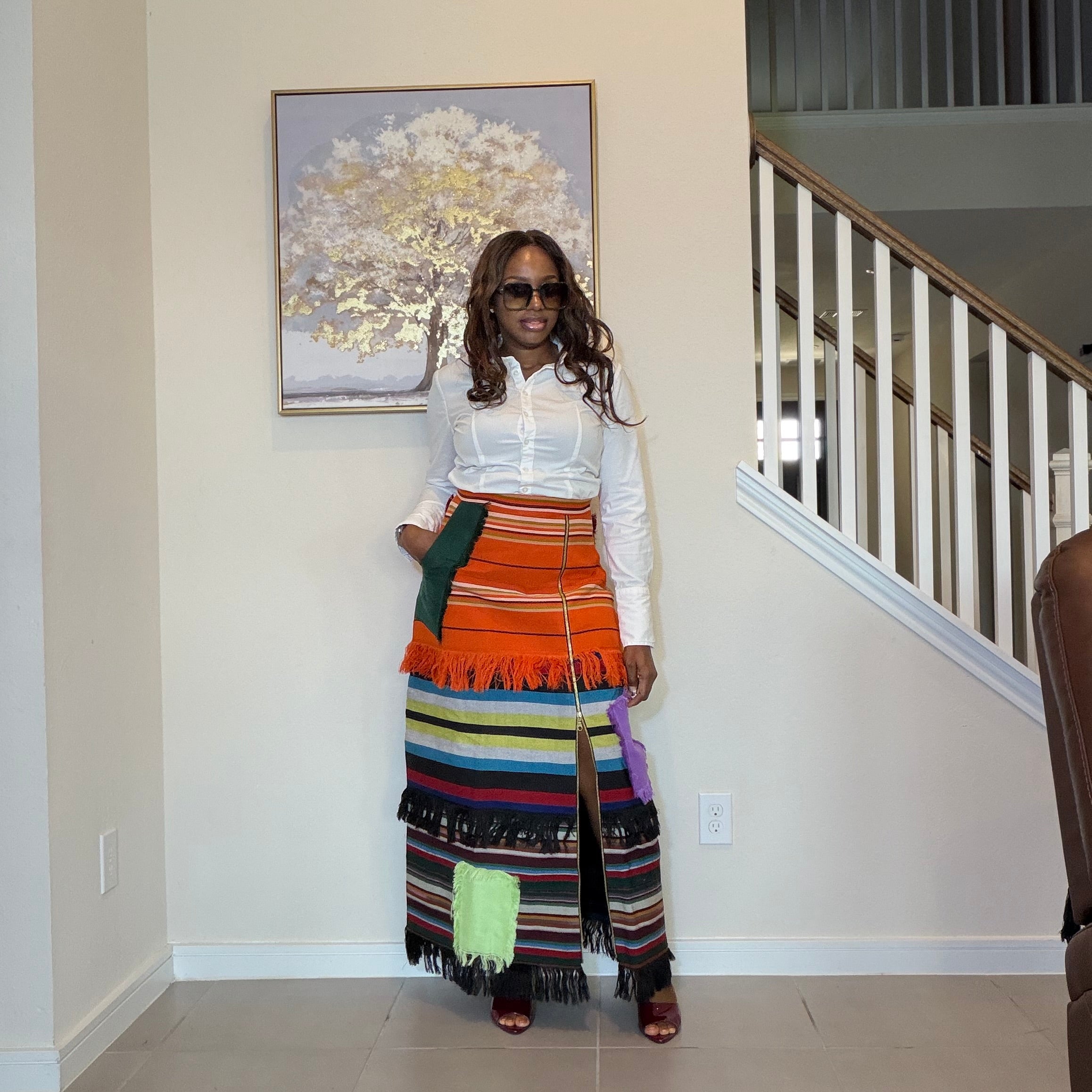 Colorful African Aso Oke Fringe Skirt, Handmade Aso Oke Patchwork Skirt