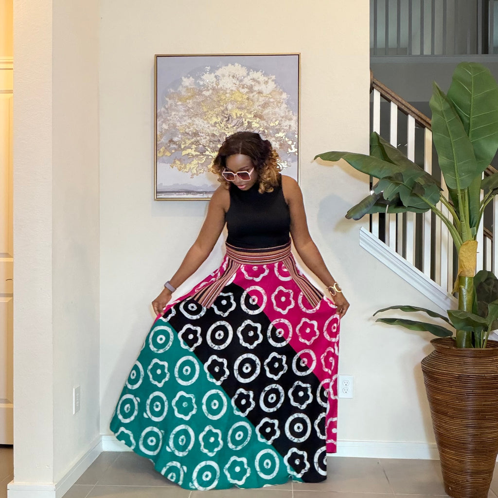 African Ankara Maxi Skirt, High Waist Skirt with Aso Oke Pockets