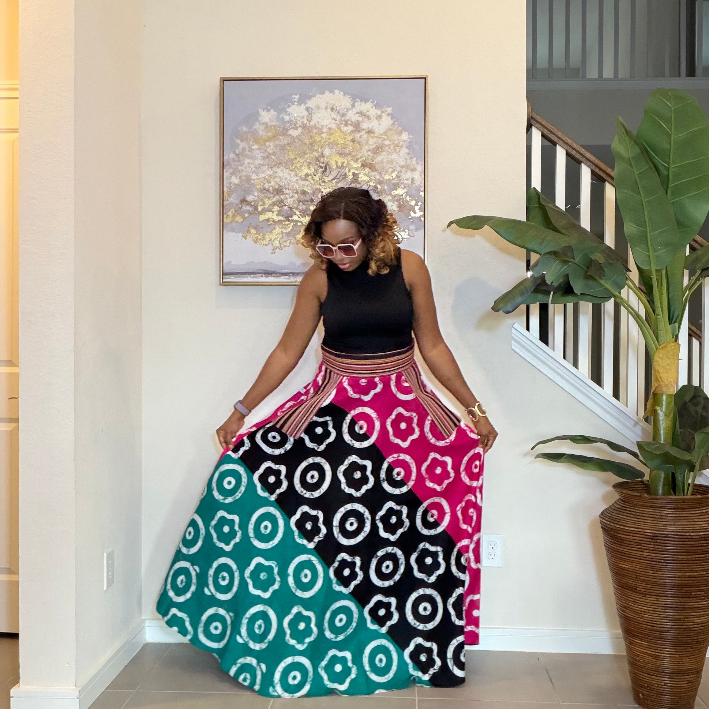 African Ankara Maxi Skirt, High Waist Skirt with Aso Oke Pockets