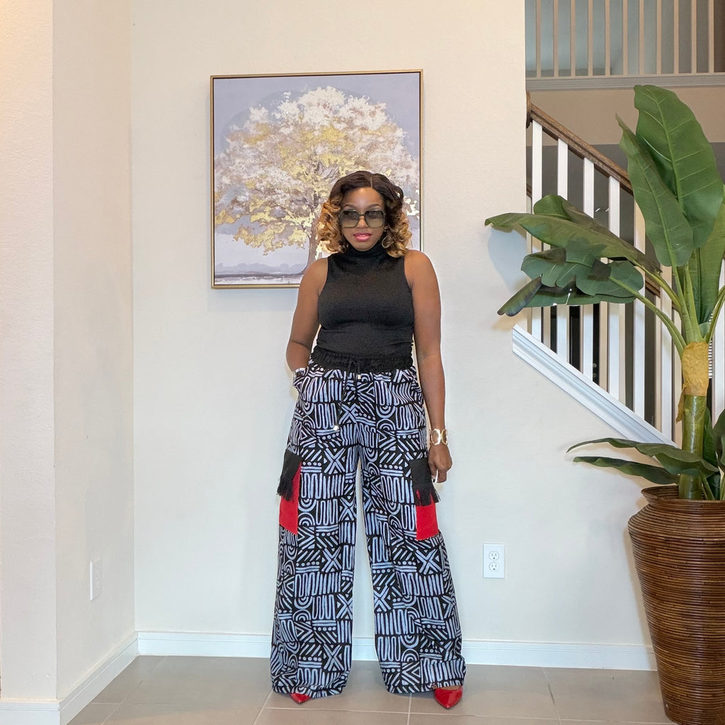 Ankara Wide‑Leg Pants with Aso Oke side pockets