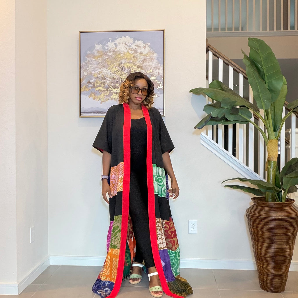Multicolor Adire Kimono, Patchwork Long Kimono, Handmade African Fashion