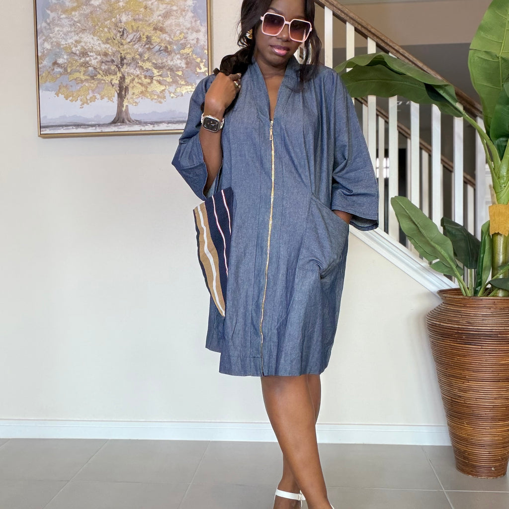 Zipped Denim Shift Dress with Statement Aso Oke Pocket and Back patch