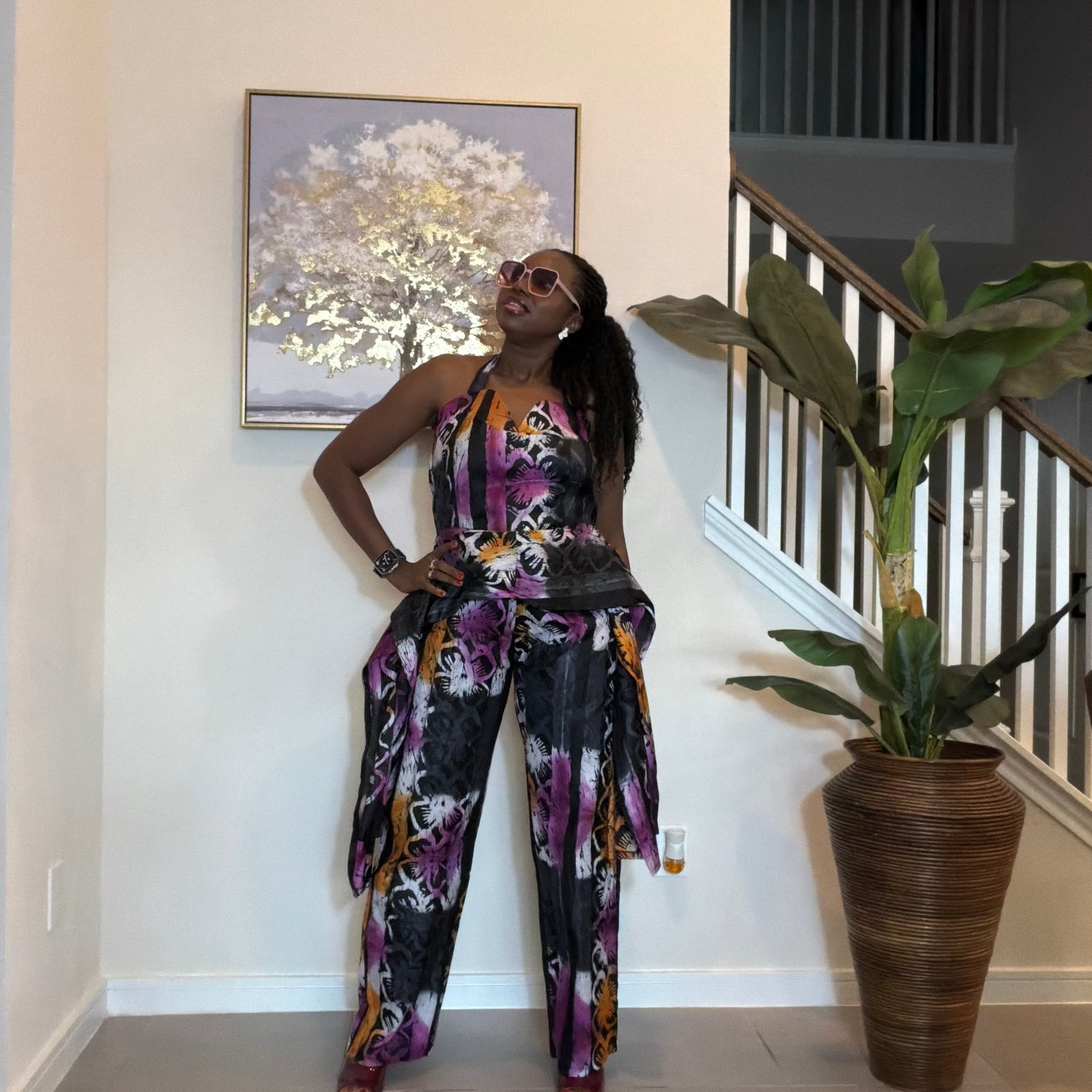 Handmade Adire Batik Tie-Neck Halter Jumpsuit.