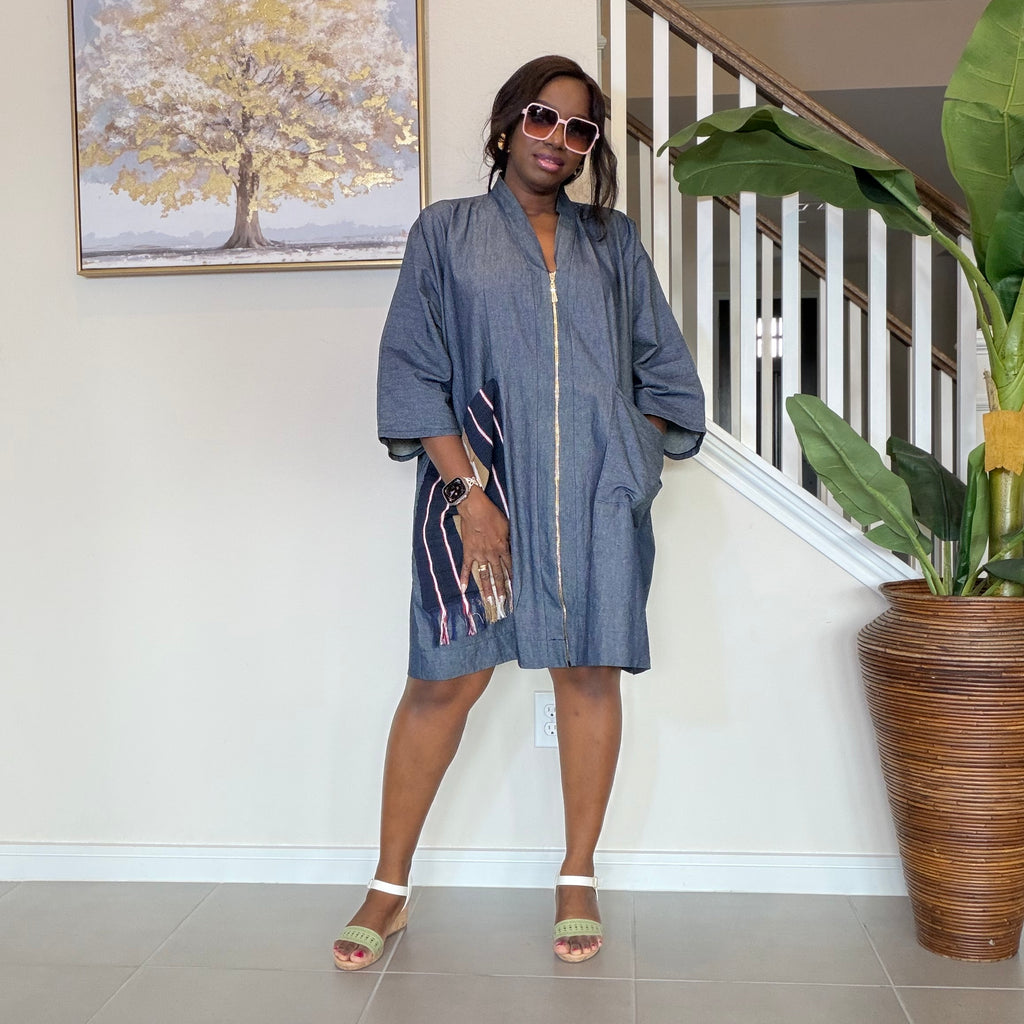 Zipped Denim Shift Dress with Statement Aso Oke Pocket and Back patch