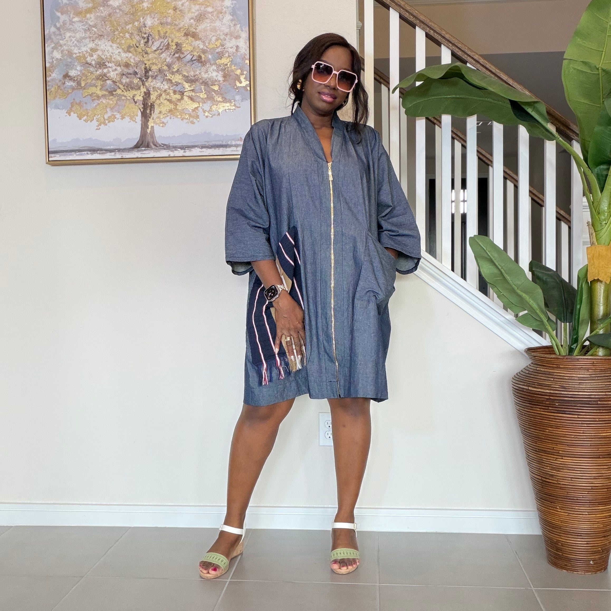 Zipped Denim Shift Dress with Statement Aso Oke Pocket and Back patch