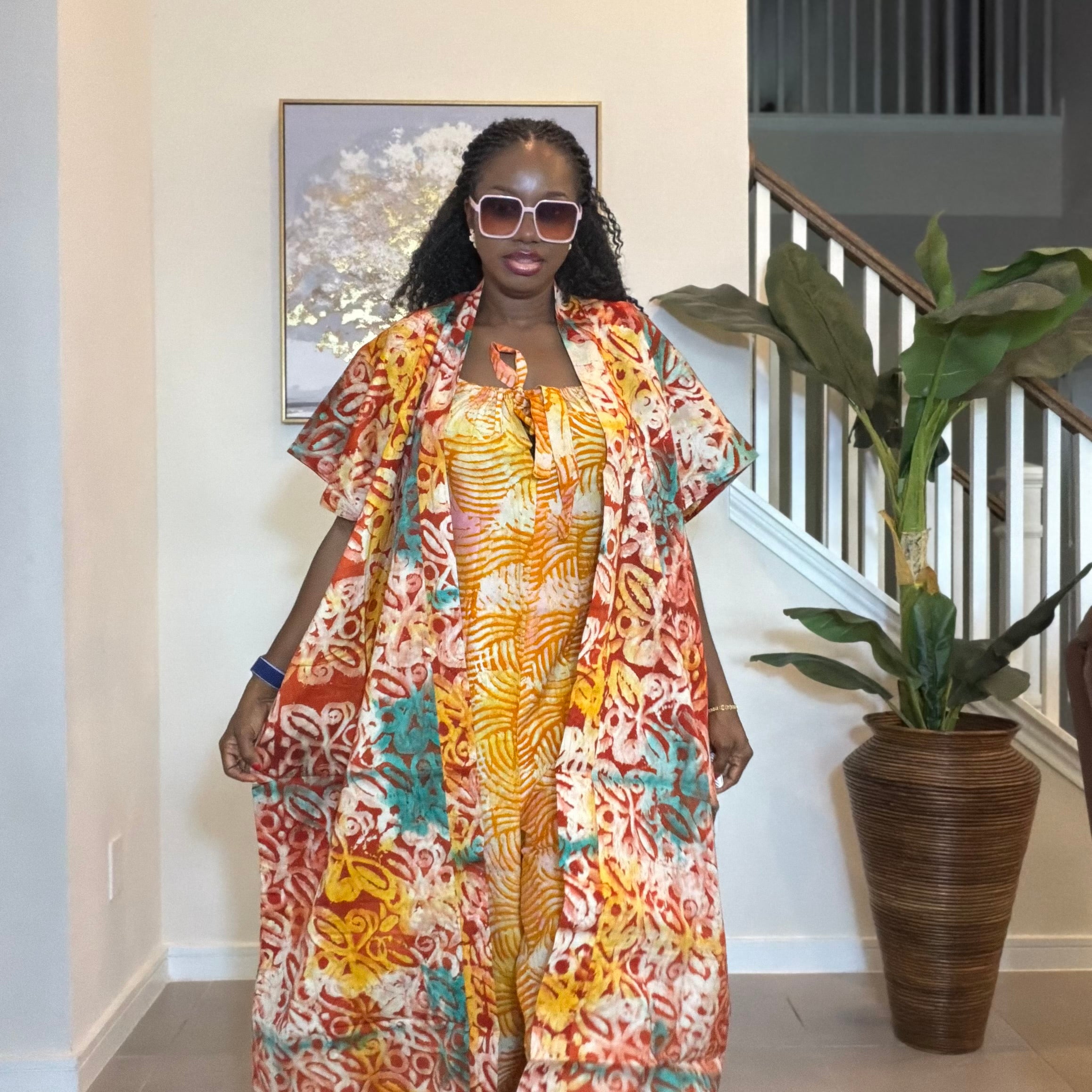 2-Piece Adire Crepe Jumpsuit and Maxi Kimono Set