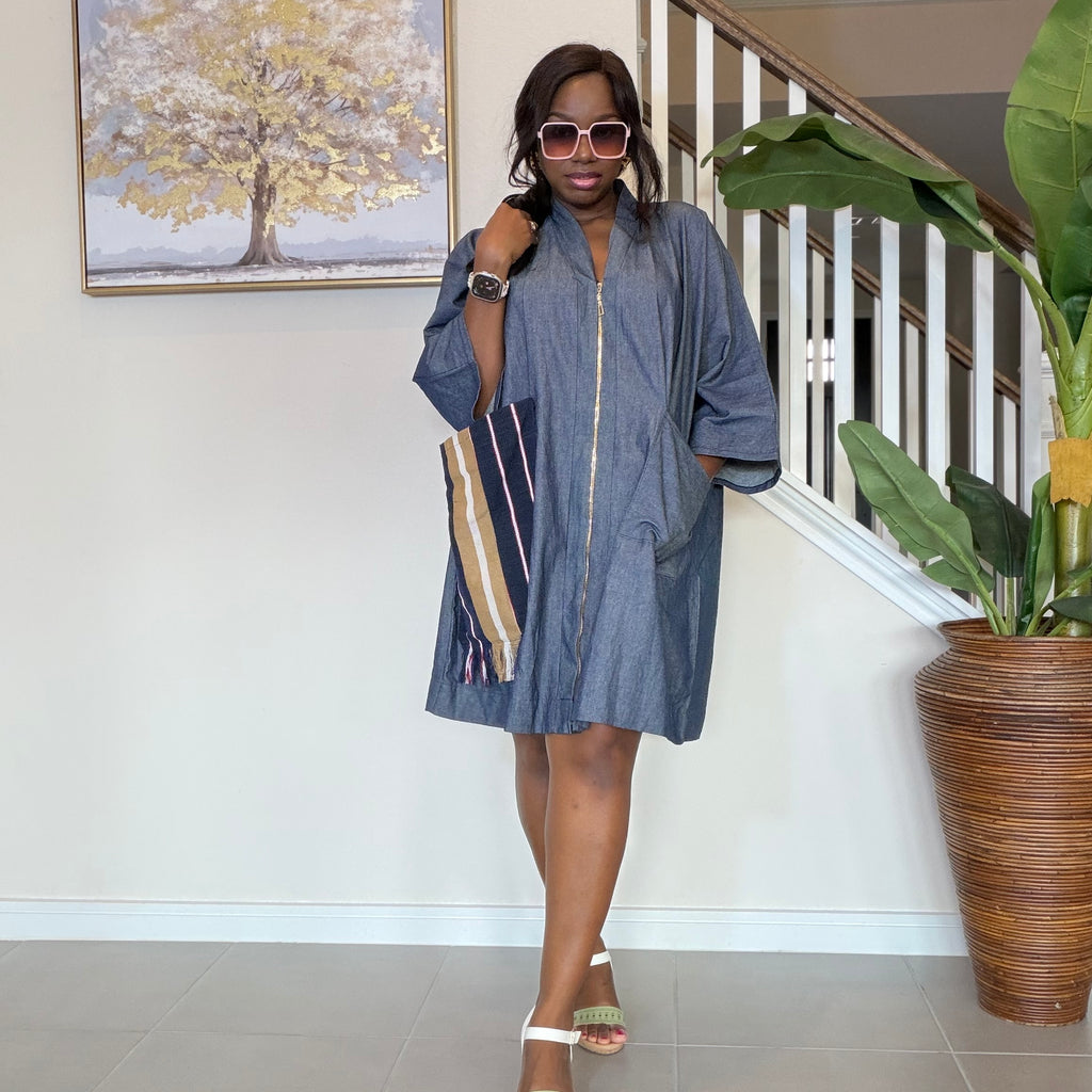 Zipped Denim Shift Dress with Statement Aso Oke Pocket and Back patch