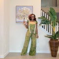African Adire Jumpsuit with Aso Oke, Green Adire Jumpsuit, Wide‑Leg One‑Piece