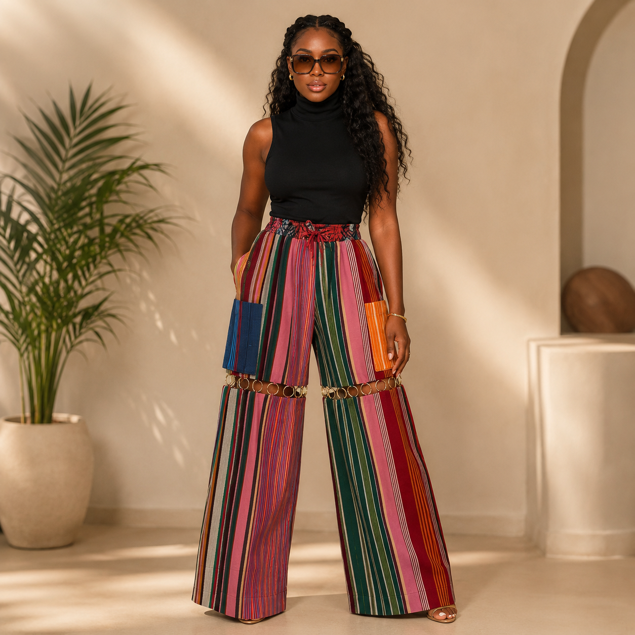Multicolor Aso Oke Wide-Leg Trousers with Ring Detail