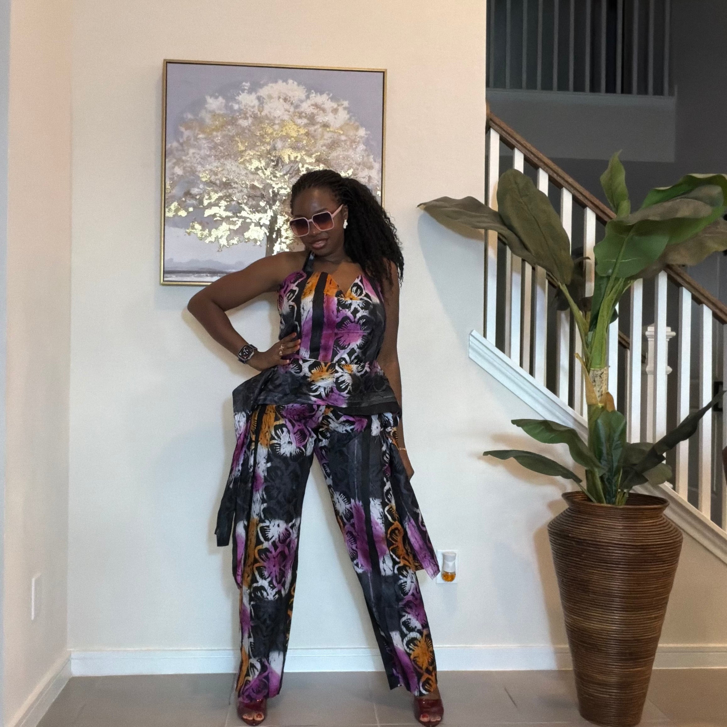 Handmade Adire Batik Tie-Neck Halter Jumpsuit.