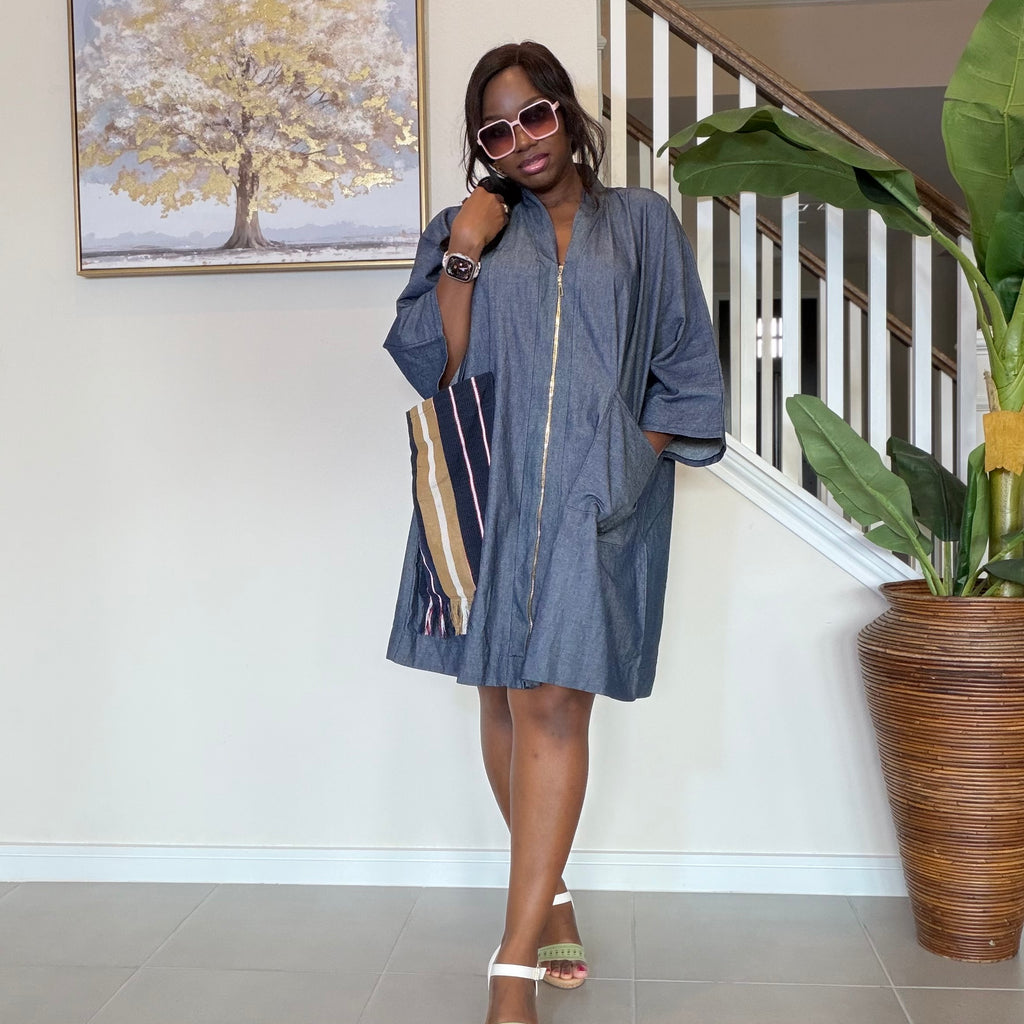 Zipped Denim Shift Dress with Statement Aso Oke Pocket and Back patch