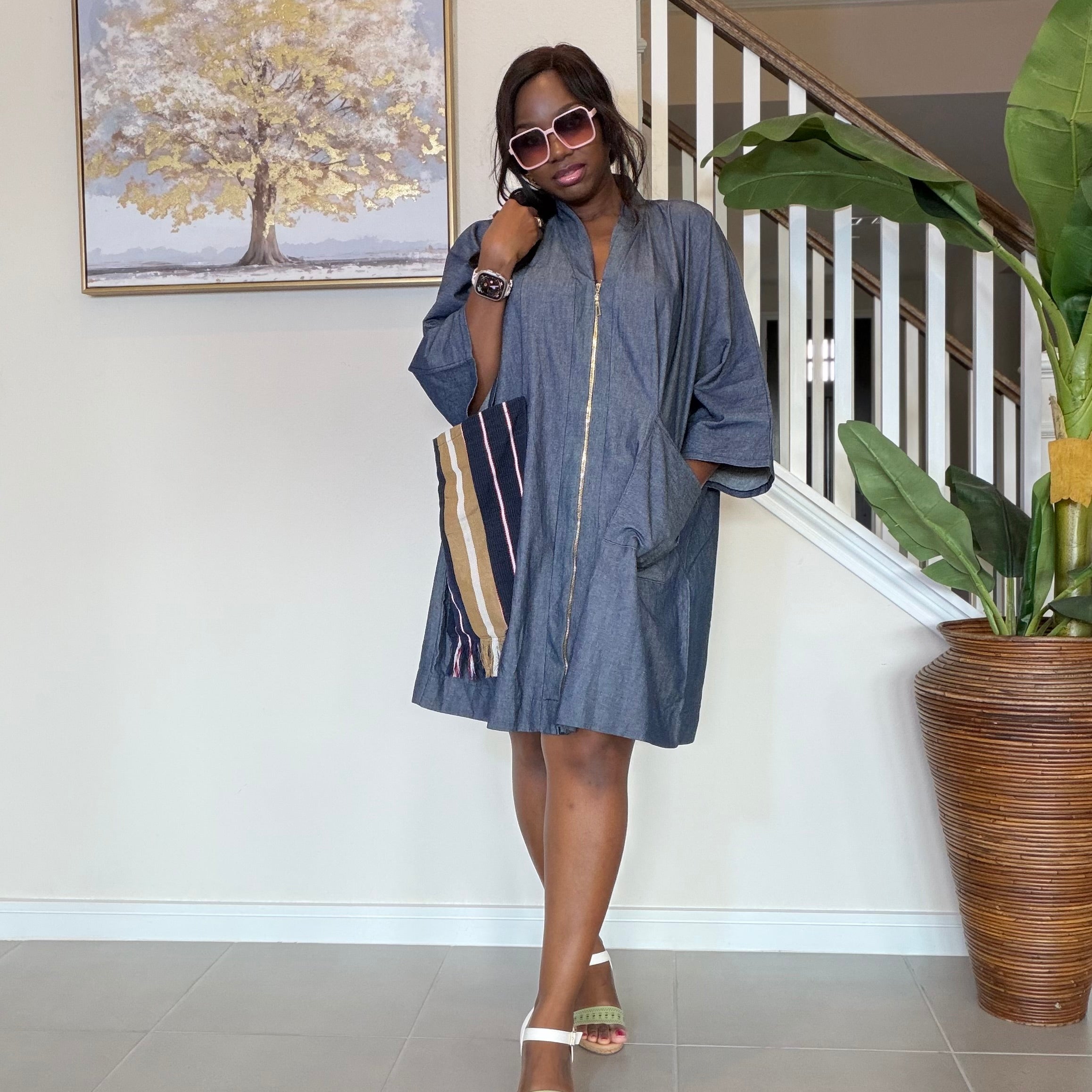 Zipped Denim Shift Dress with Statement Aso Oke Pocket and Back patch
