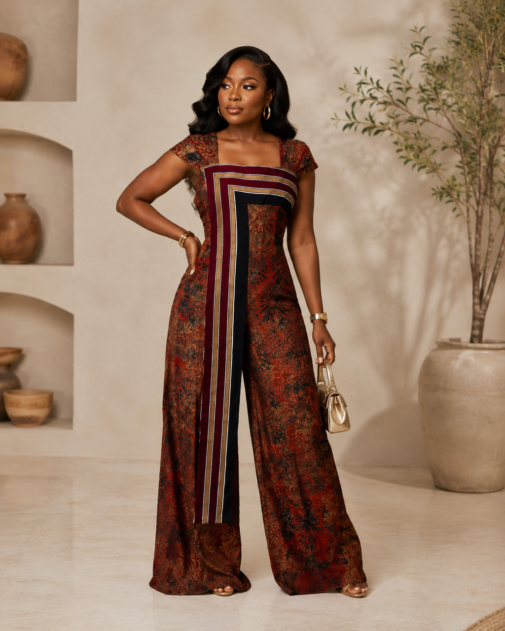 Elegant Adire Batik Crepe Jumpsuit ,Features Handwoven Aso Oke Contrast Panel.
