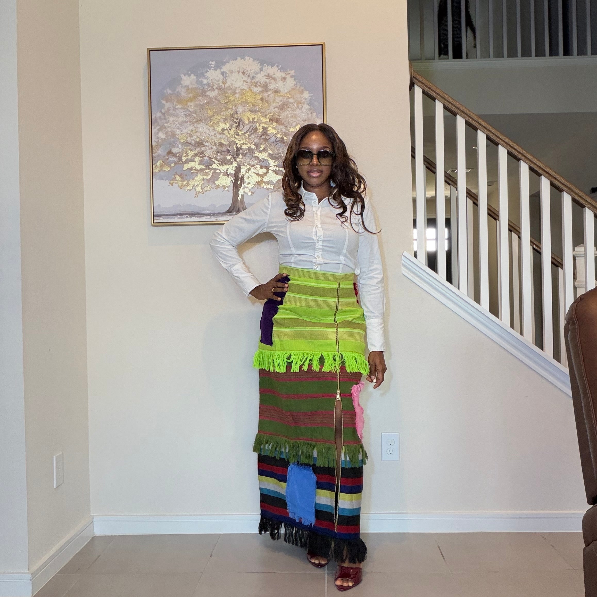 Colorful African Aso Oke Fringe Skirt, Handmade Aso Oke Patchwork Skirt