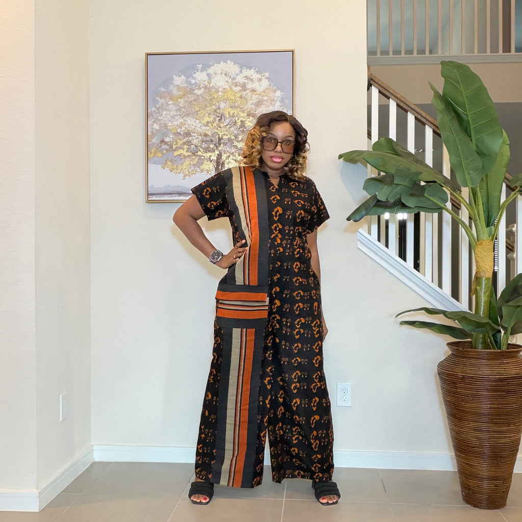 Ankara Print Jumpsuit with   Aso Oke, Wide‑Leg African Jumpsuit