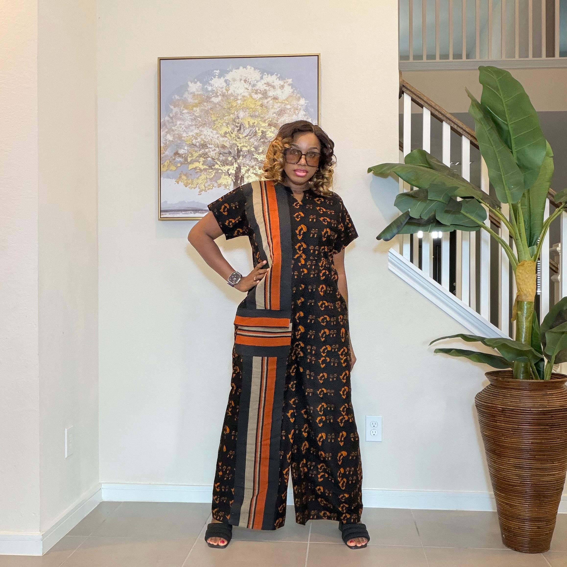 Ankara Print Jumpsuit with   Aso Oke, Wide‑Leg African Jumpsuit