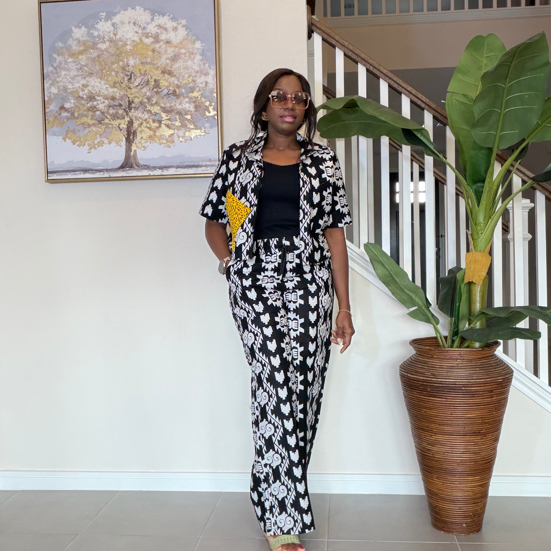 Modern Ankara Print Two-Piece Set – Black & White Wide-Leg Shirt & Trouser