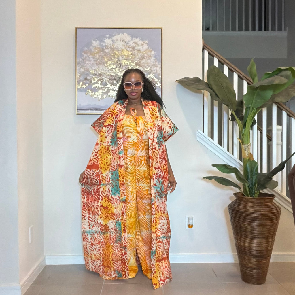 2-Piece Adire Crepe Jumpsuit and Maxi Kimono Set