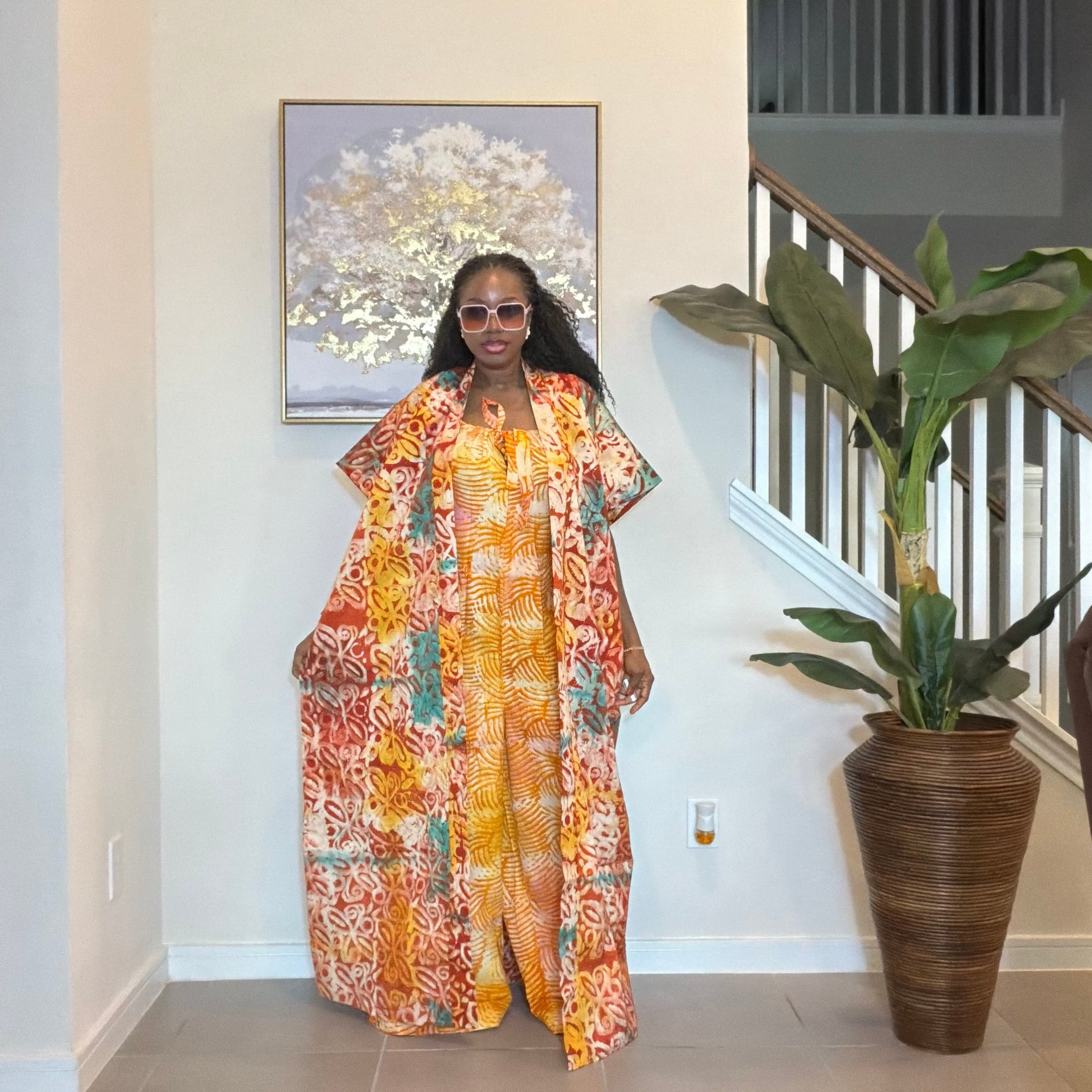 2-Piece Adire Crepe Jumpsuit and Maxi Kimono Set