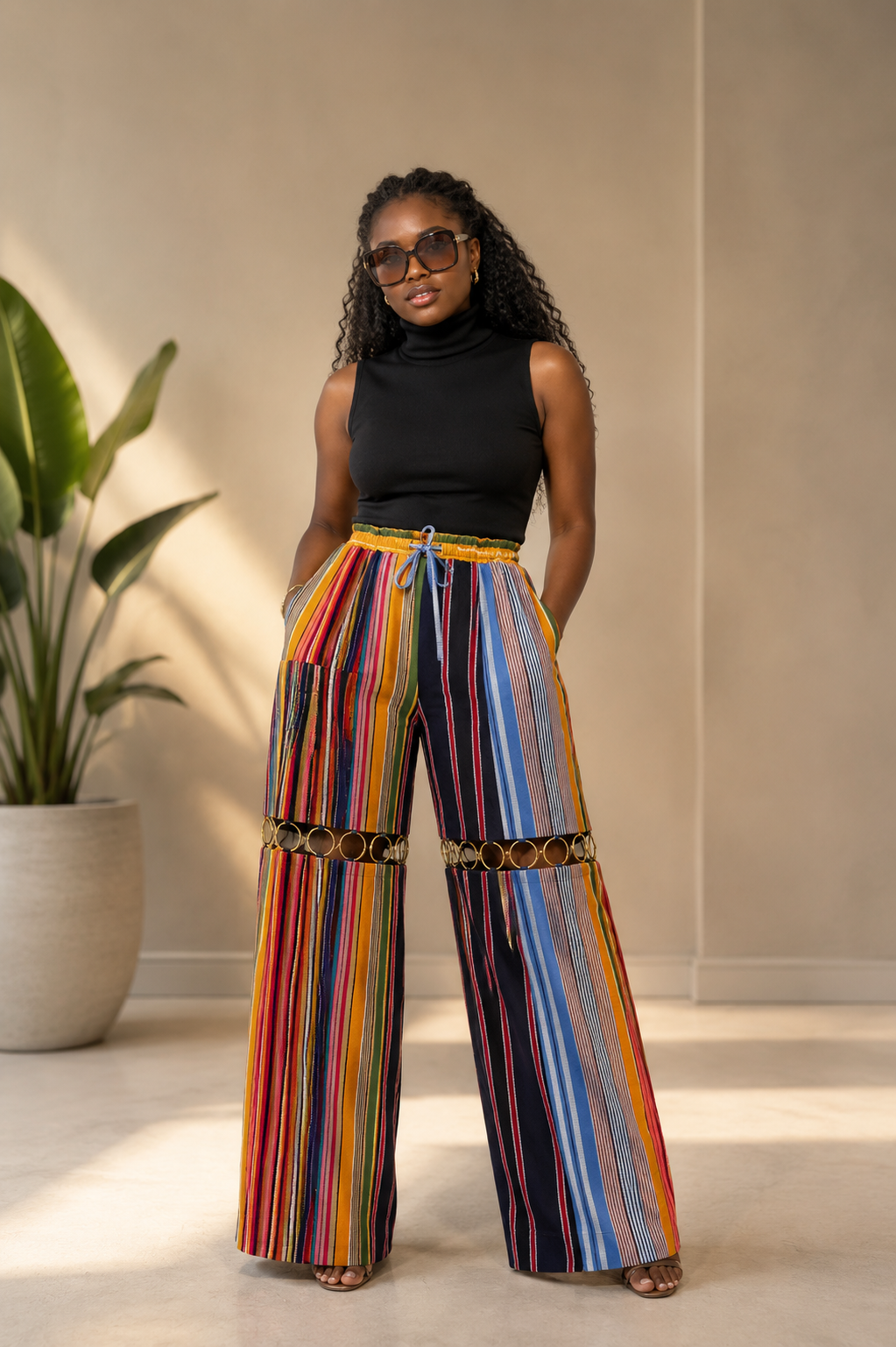 Multicolor Aso Oke Wide-Leg Trousers with Ring Detail