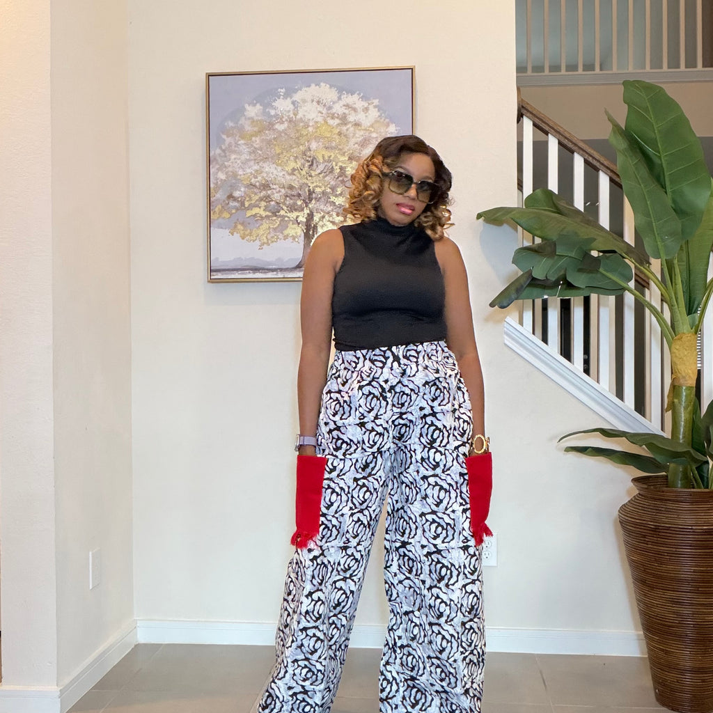 Ankara Wide‑Leg Pants with Aso Oke side pockets.
