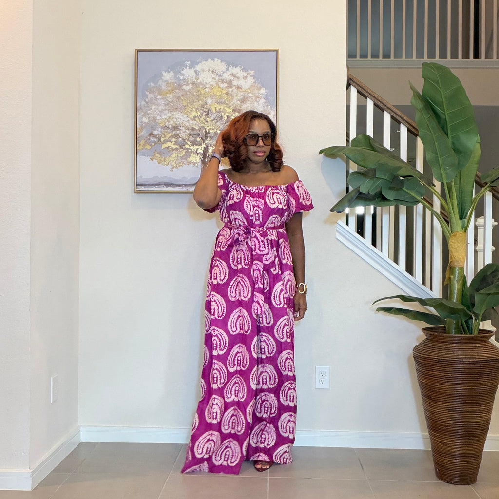 Adire Jumpsuit - African Print Off-the-Shoulder Wide Leg Romper