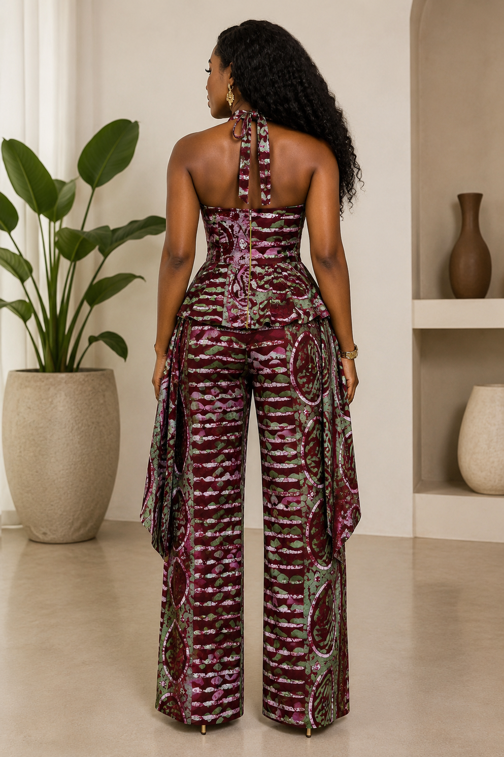 Adire Halter Neck Jumpsuit, African Batik Print Jumpsuit