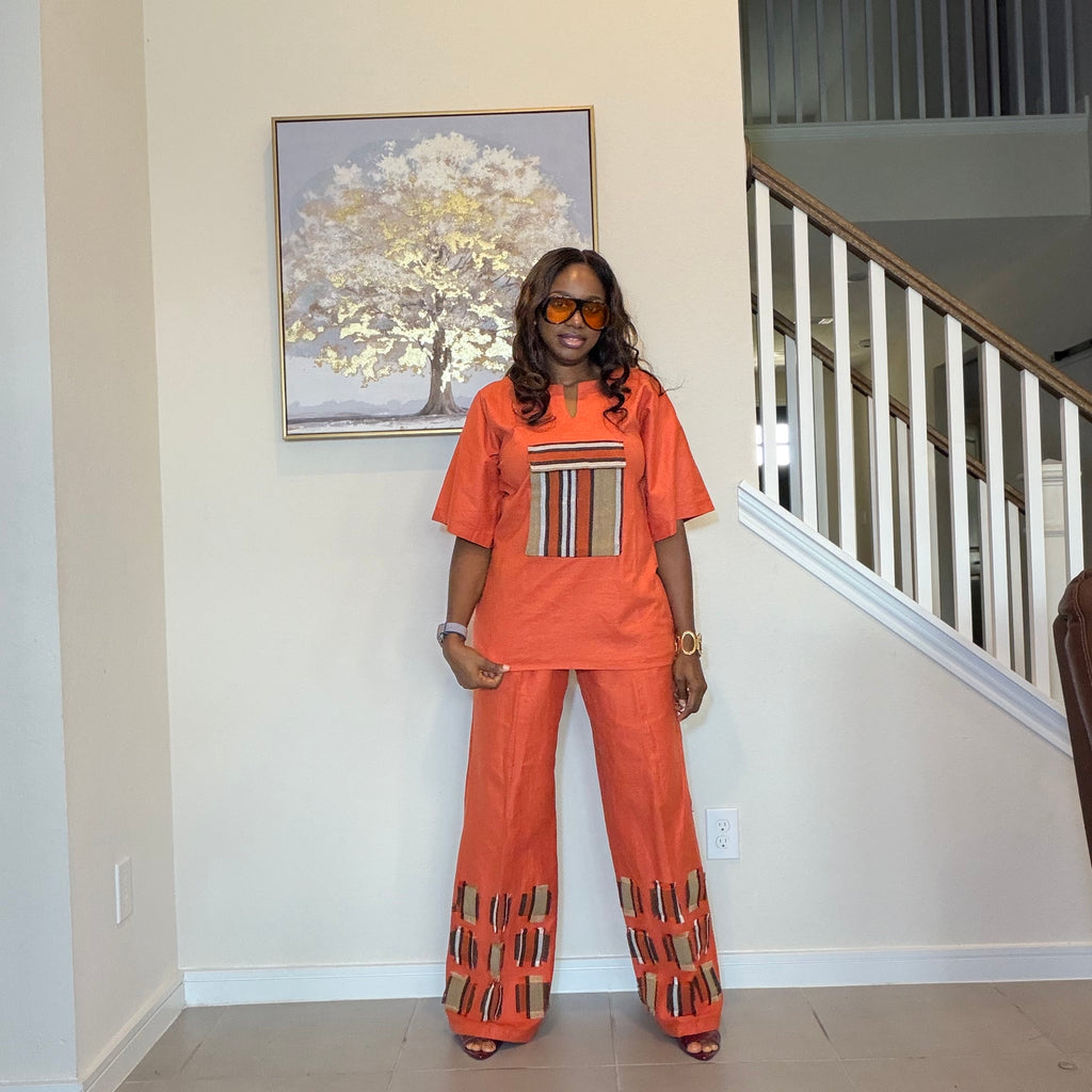 Linen Two Piece Set With Aso Oke Patch