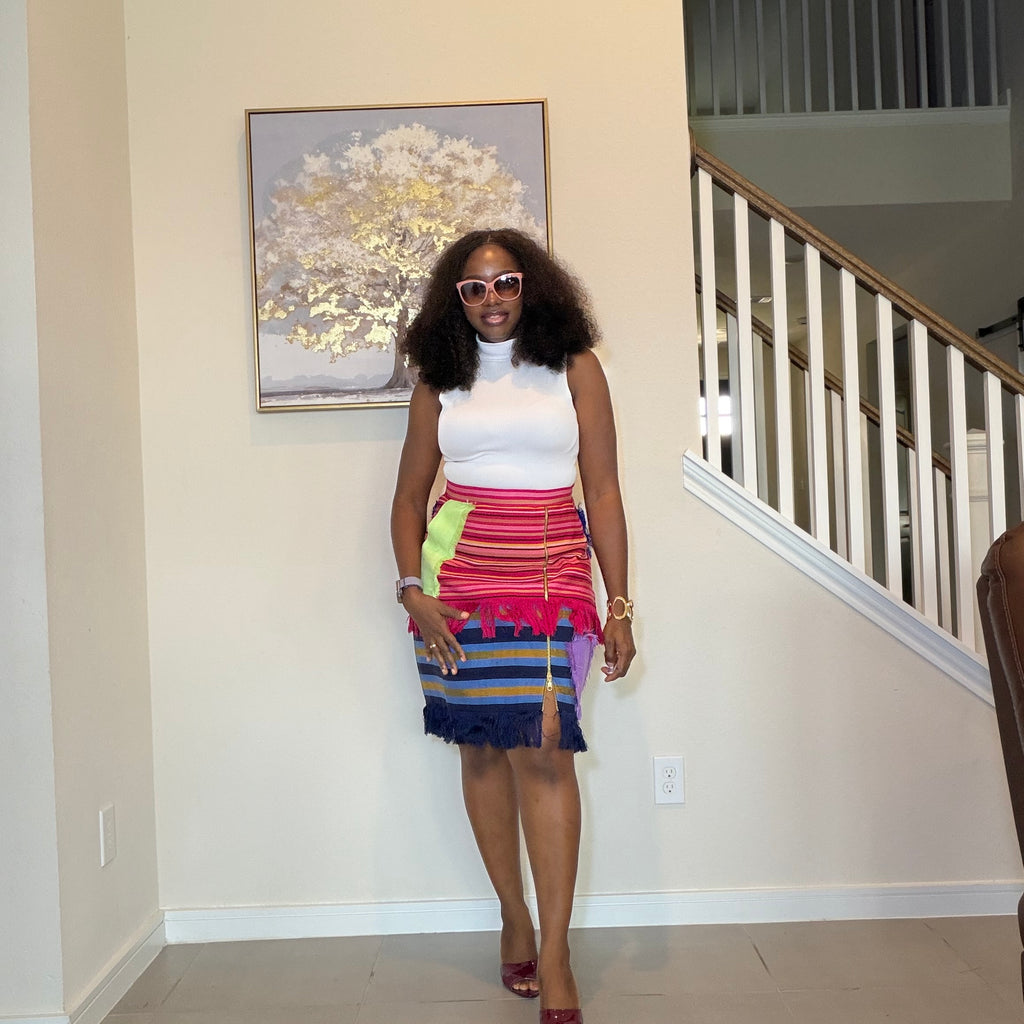 Colorful African Aso Oke Fringe Skirt, Handmade Aso Oke Patchwork Skirt