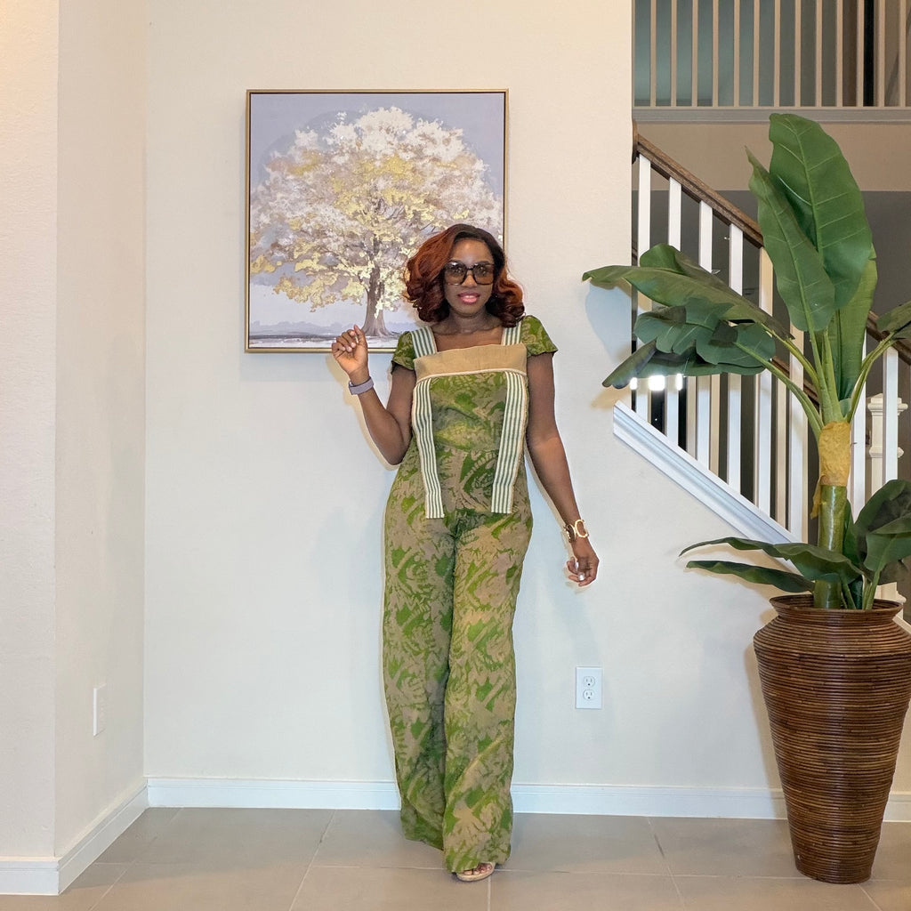 African Adire Jumpsuit with Aso Oke, Green Adire Jumpsuit, Wide‑Leg One‑Piece