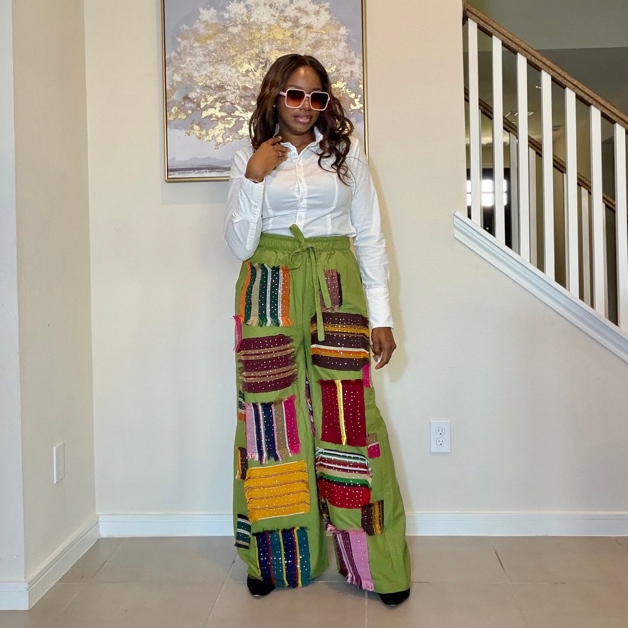 Luxury Linen Trousers with Stoned Aso Oke Patch
