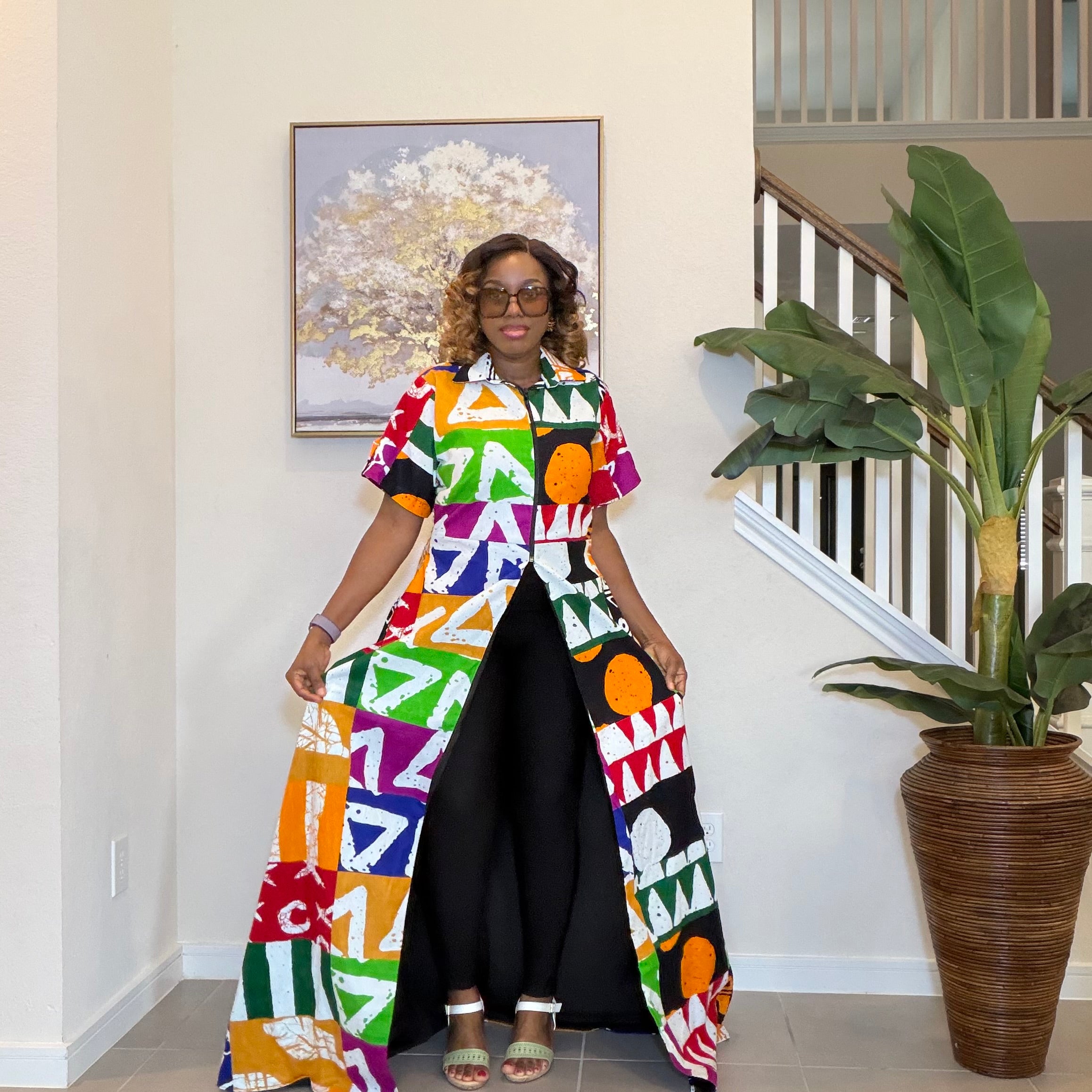Printed Zip-Front Ankara Maxi Kimono