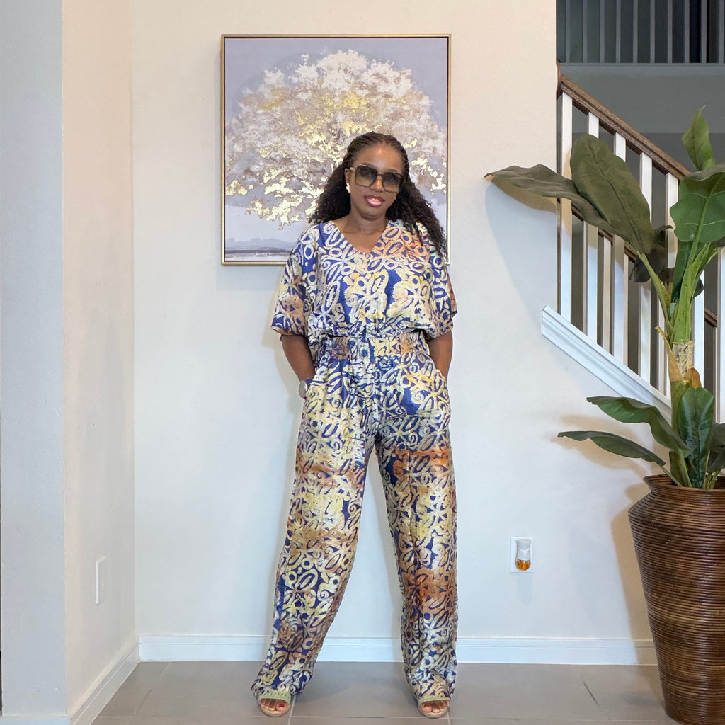 Adire Silk-Crepe, Elastic Waist Top & Wide-Leg Pants Set