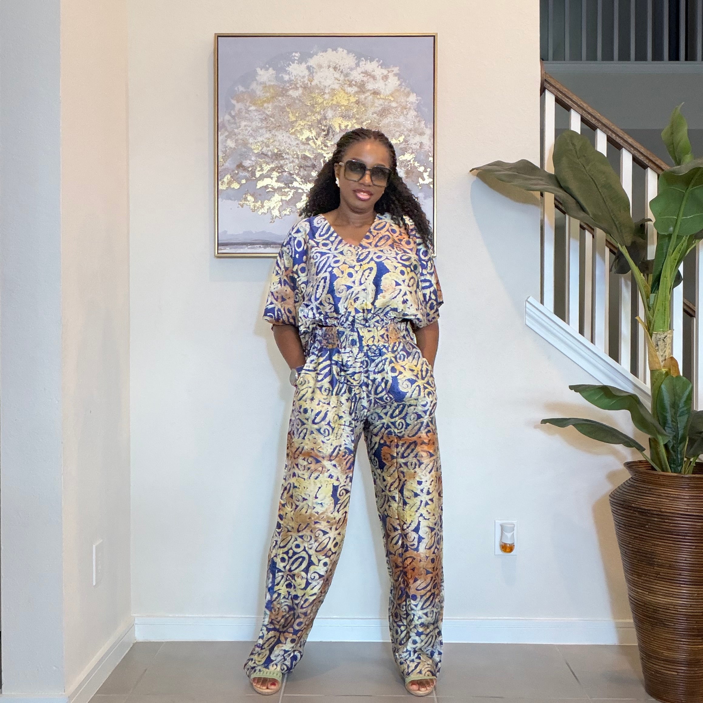 Adire Silk-Crepe, Elastic Waist Top & Wide-Leg Pants Set