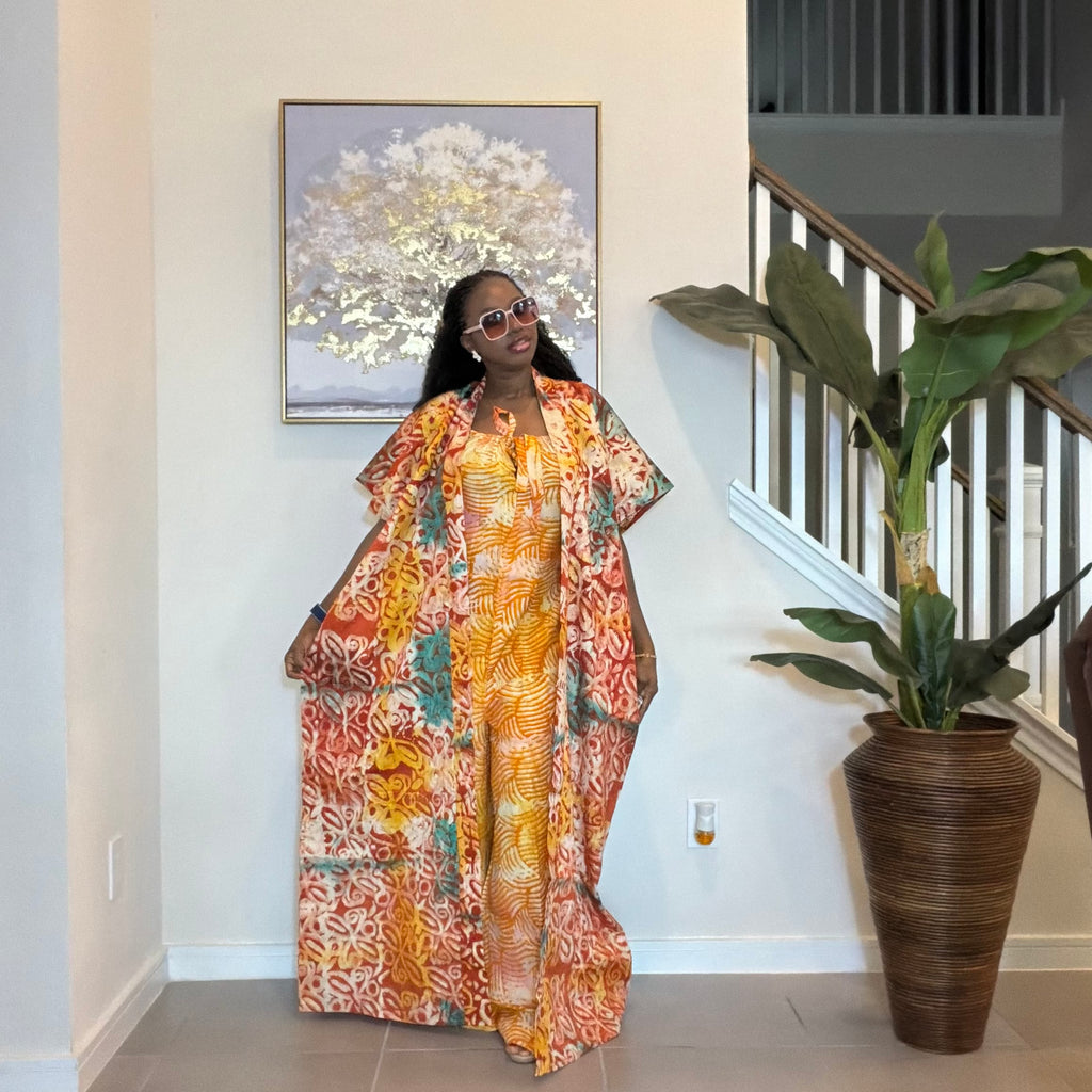 2-Piece Adire Crepe Jumpsuit and Maxi Kimono Set