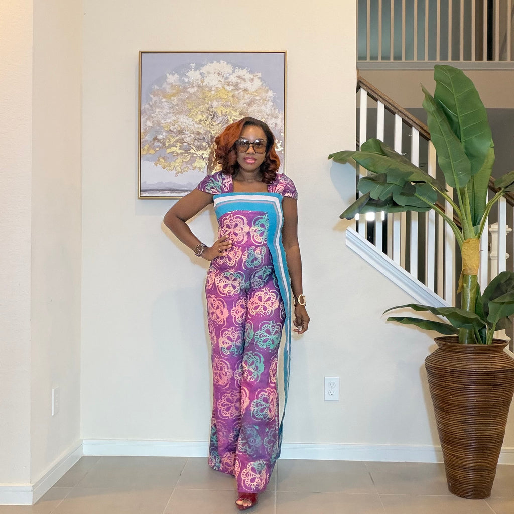 Adire Floral Wide-Leg Jumpsuit with Aso Oke Detail