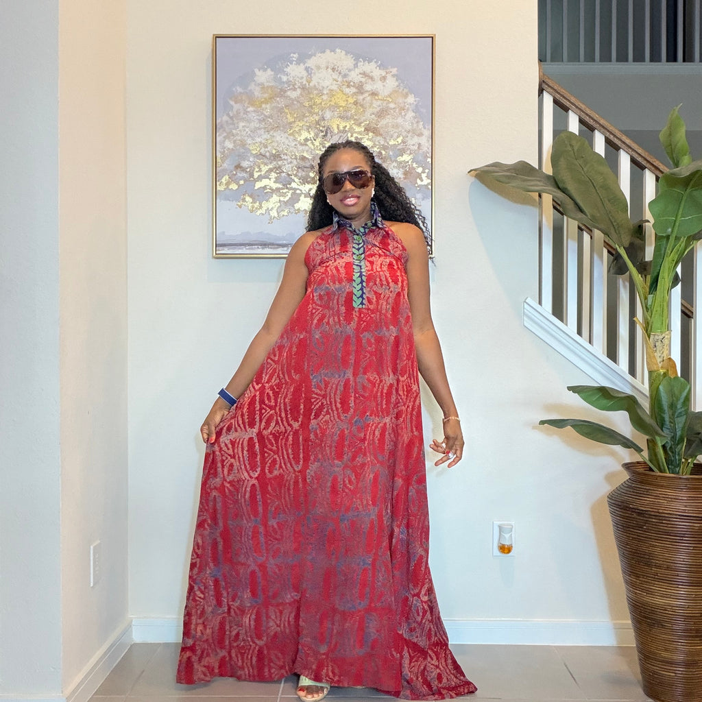 Hand-Dyed Adire Crepe Halter Maxi Dress.