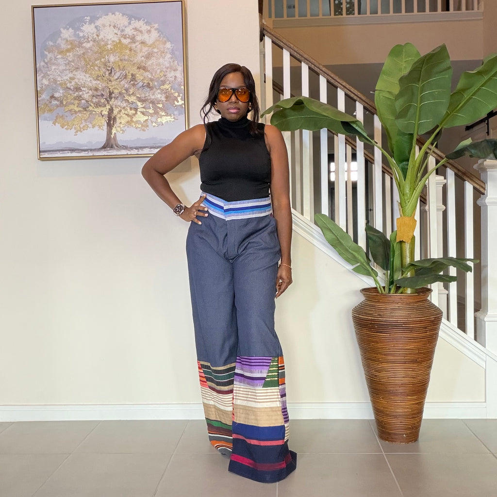 High-Waisted Jeans Wide Leg Trousers with Multicolored Striped Aso Oke Patchwork