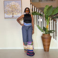 High-Waisted Jeans Wide Leg Trousers with Multicolored Striped Aso Oke Patchwork