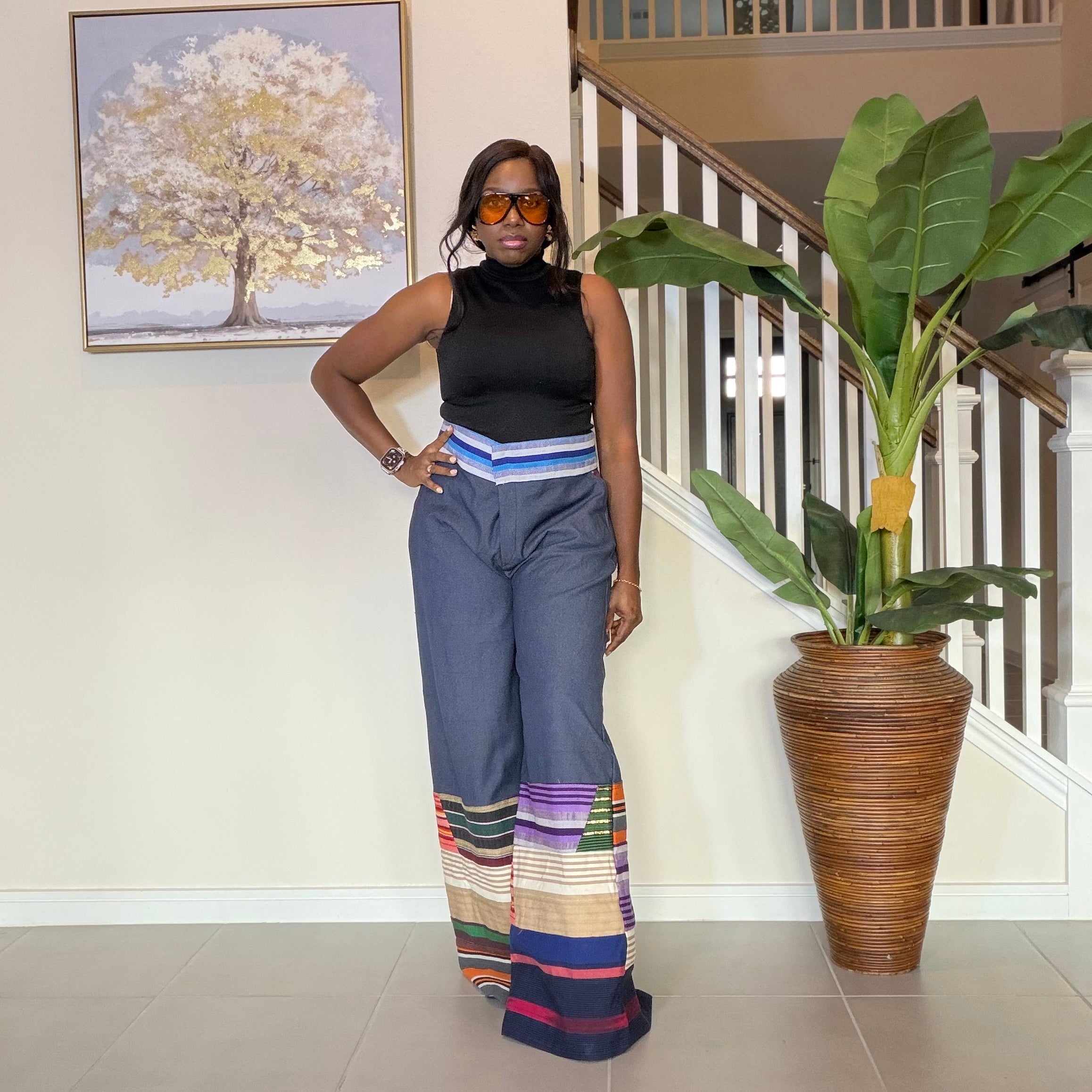 High-Waisted Jeans Wide Leg Trousers with Multicolored Striped Aso Oke Patchwork