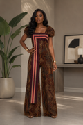 Elegant Adire Batik Crepe Jumpsuit ,Features Handwoven Aso Oke Contrast Panel.