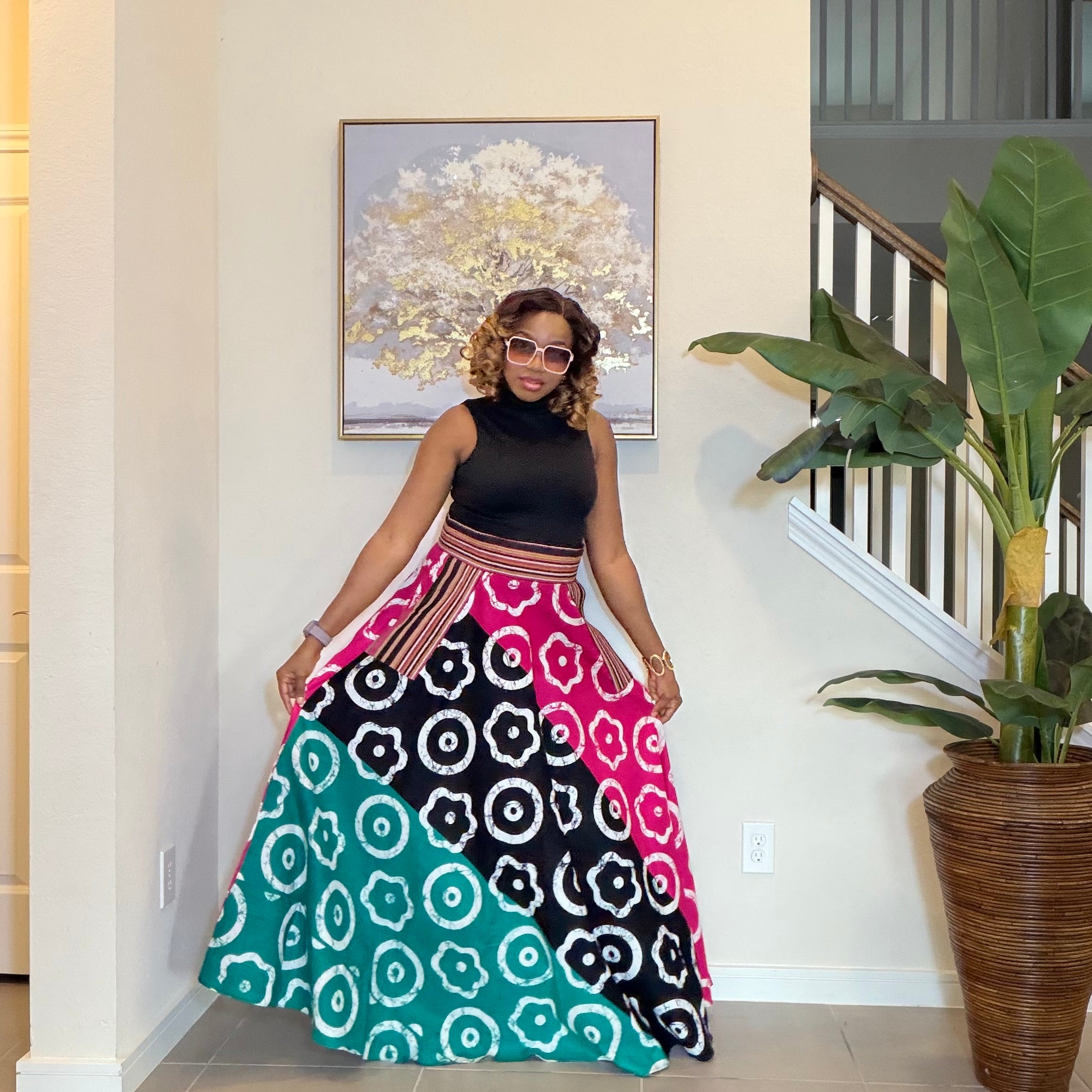 African Ankara Maxi Skirt, High Waist Skirt with Aso Oke Pockets