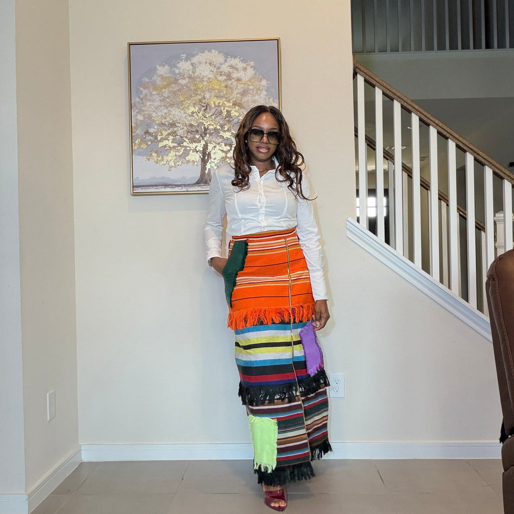 Colorful African Aso Oke Fringe Skirt, Handmade Aso Oke Patchwork Skirt