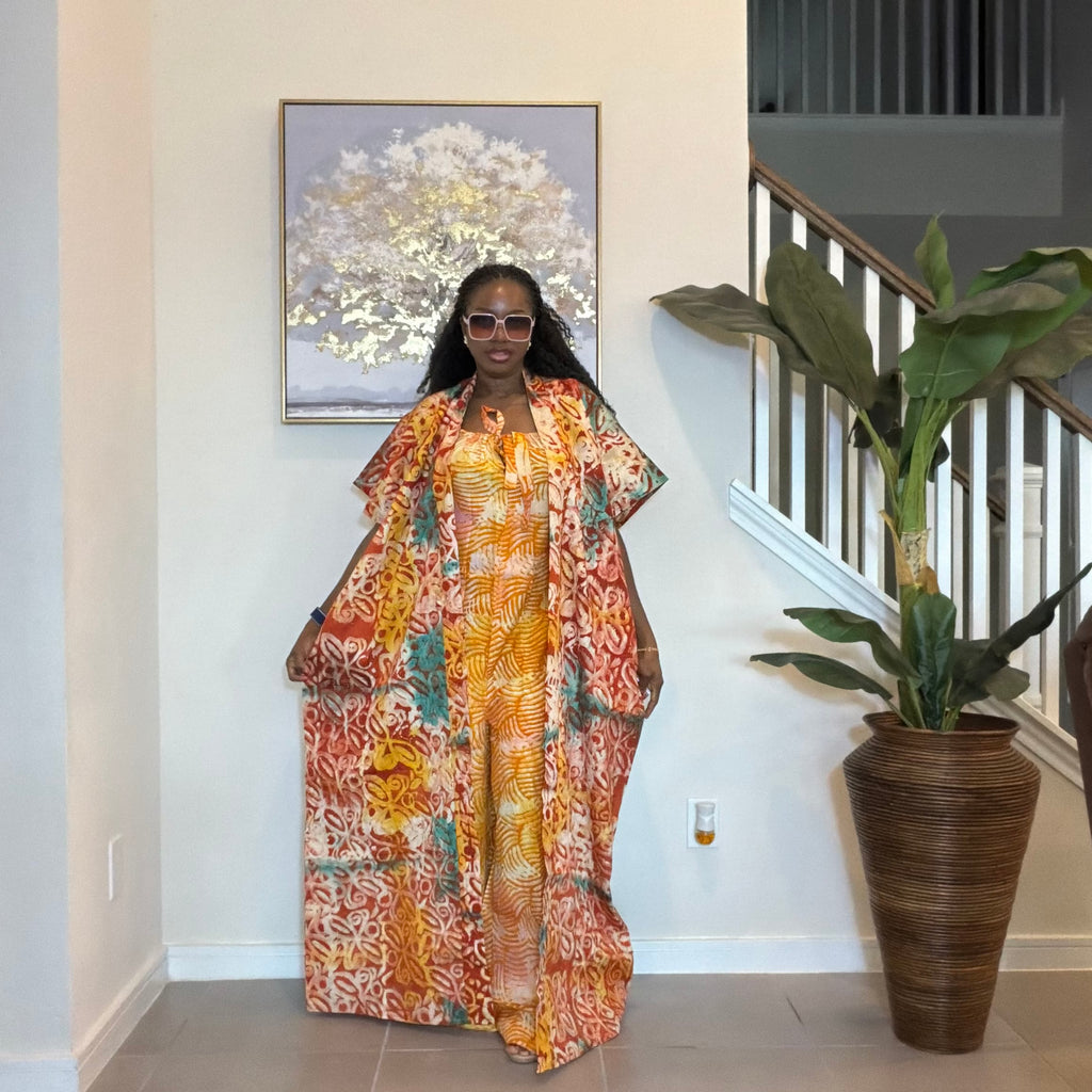 2-Piece Adire Crepe Jumpsuit and Maxi Kimono Set
