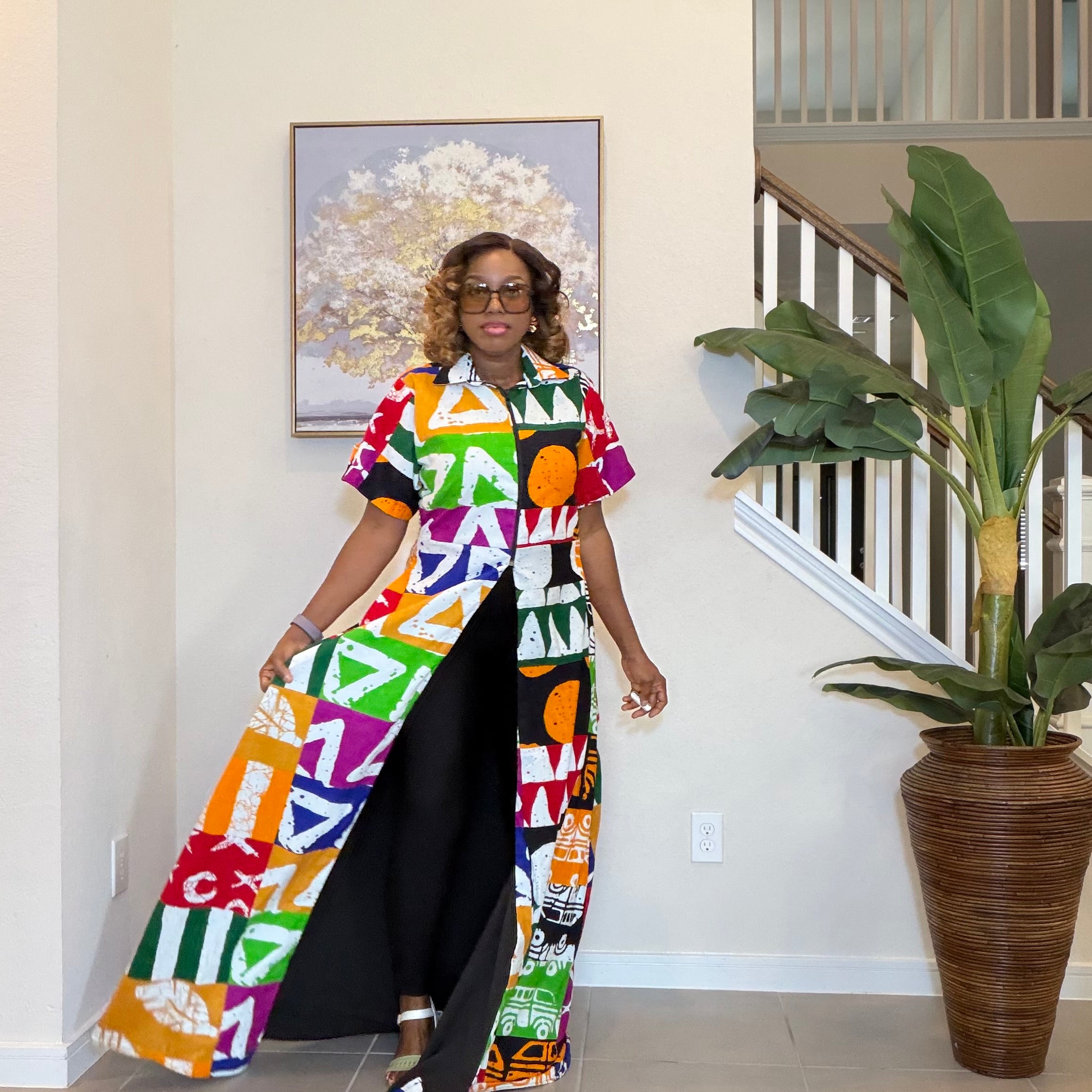 Printed Zip-Front Ankara Maxi Kimono