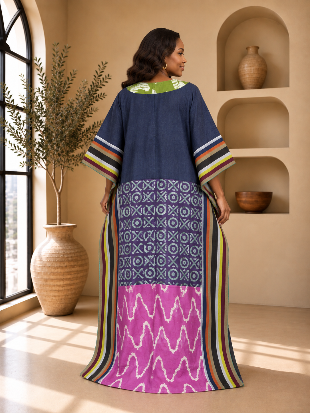 Denim, Aso Oke & Adire Mixed-Media Maxi Kimono