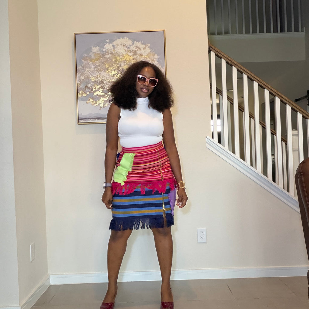 Colorful African Aso Oke Fringe Skirt, Handmade Aso Oke Patchwork Skirt